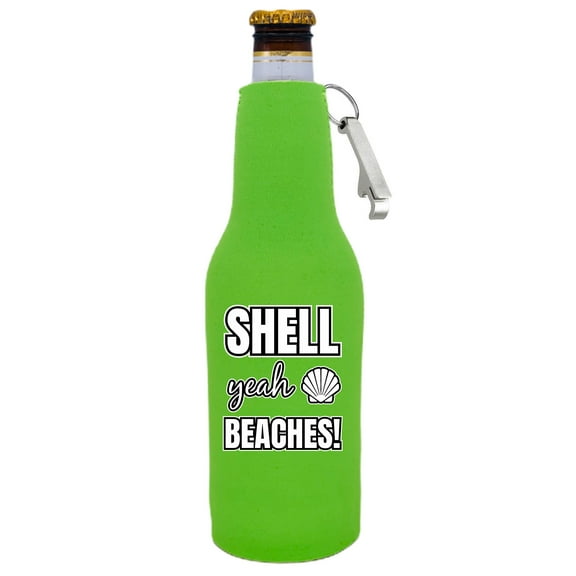 Shell Yeah Beaches Beer Bottle Coolie With Opener (Bright Green)