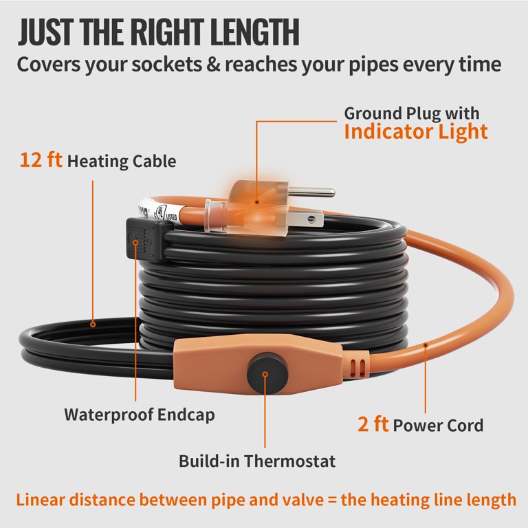VEVOR Pipe Heating Cable, 12 Feet Heat Tape for Water Pipe, 7W/ft Water  Line Heat Tape,120V Pipe Heating Tape with Built-in Thermostat, Protects  PVC Hose, Metal and Plastic Pipe from Freezing 