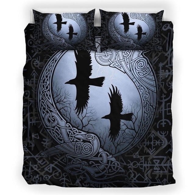 Juego de Cama Vikingo, Cuervos en la Noche de Truenos con Funda Nórdica Vikinga