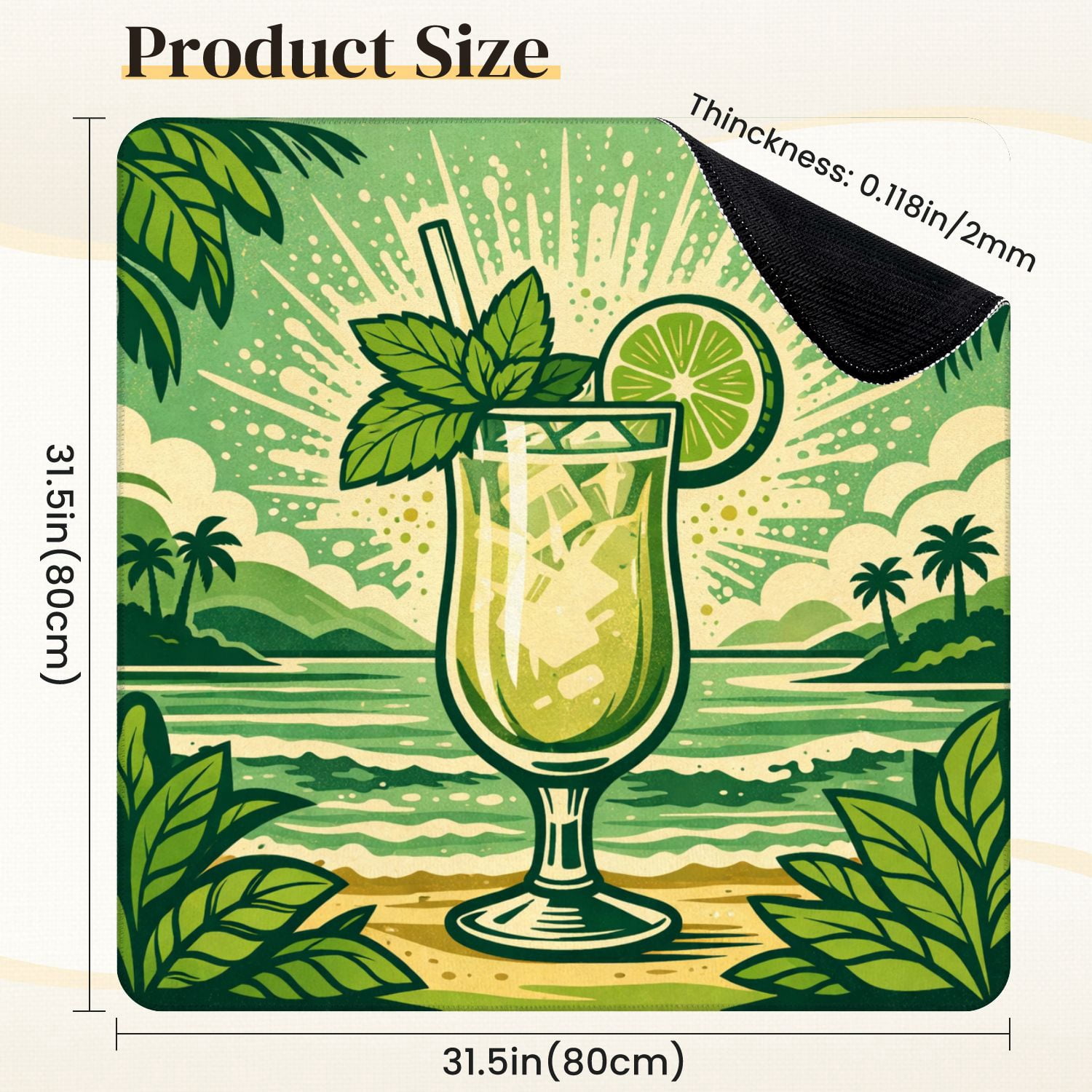Mahjong Mat 31.5" x 31.5" Tropical Mojito Cocktail Mint Lime Beachfront Non-Slip Noise Reduction Mahjong Tiles Table Cover for Dominoes Poker Card Board and Tile Games