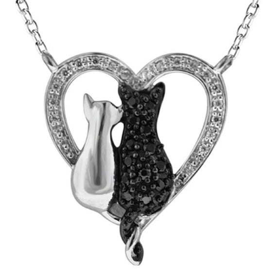 Happy Paws Women's Black and White Silver Cat Inside Heart Necklace Pendant