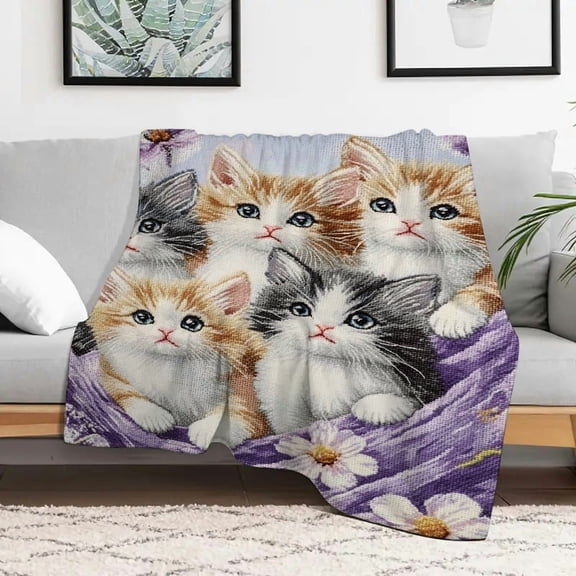 Creowell Kittens Purple Cross Stitch Flannel Blanket Soft Cozy Durable Warm Multifunctional Gift Blanket for Sofa Travel Camping Bed Chair 30x40in