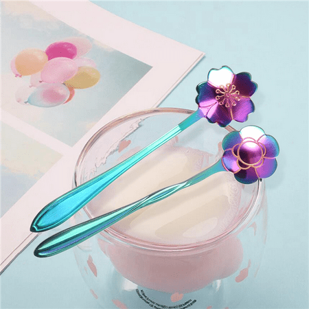 

8Pcs Flower Spoon Set 2 Different Size Colorful Stainless Steel Teaspoons Rainbow Coffee Stirring Spoon