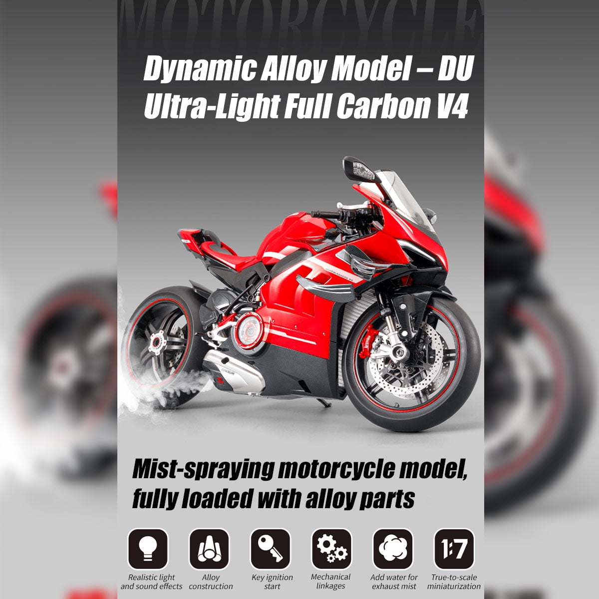 Alloy Dynamic Motorcycle Model, 1:7 Motorbike with Ignition Light, Sound System, Smoke Spray & Chain Drive Simulation, Display and Decor, Gift for Adult Enthusiasts (V4 Top Edition)