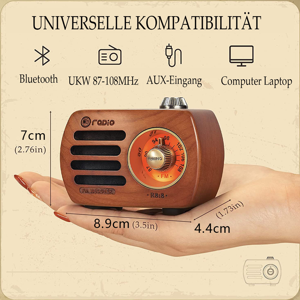 PRUNUS R-818 Wooden Retro Radio with Bluetooth Speaker, Portable FM VHF Radio Small, Rechargeable Radio, Bass Speaker with Excellent Bass Quality, Supports AUX Input.(cherry wood)