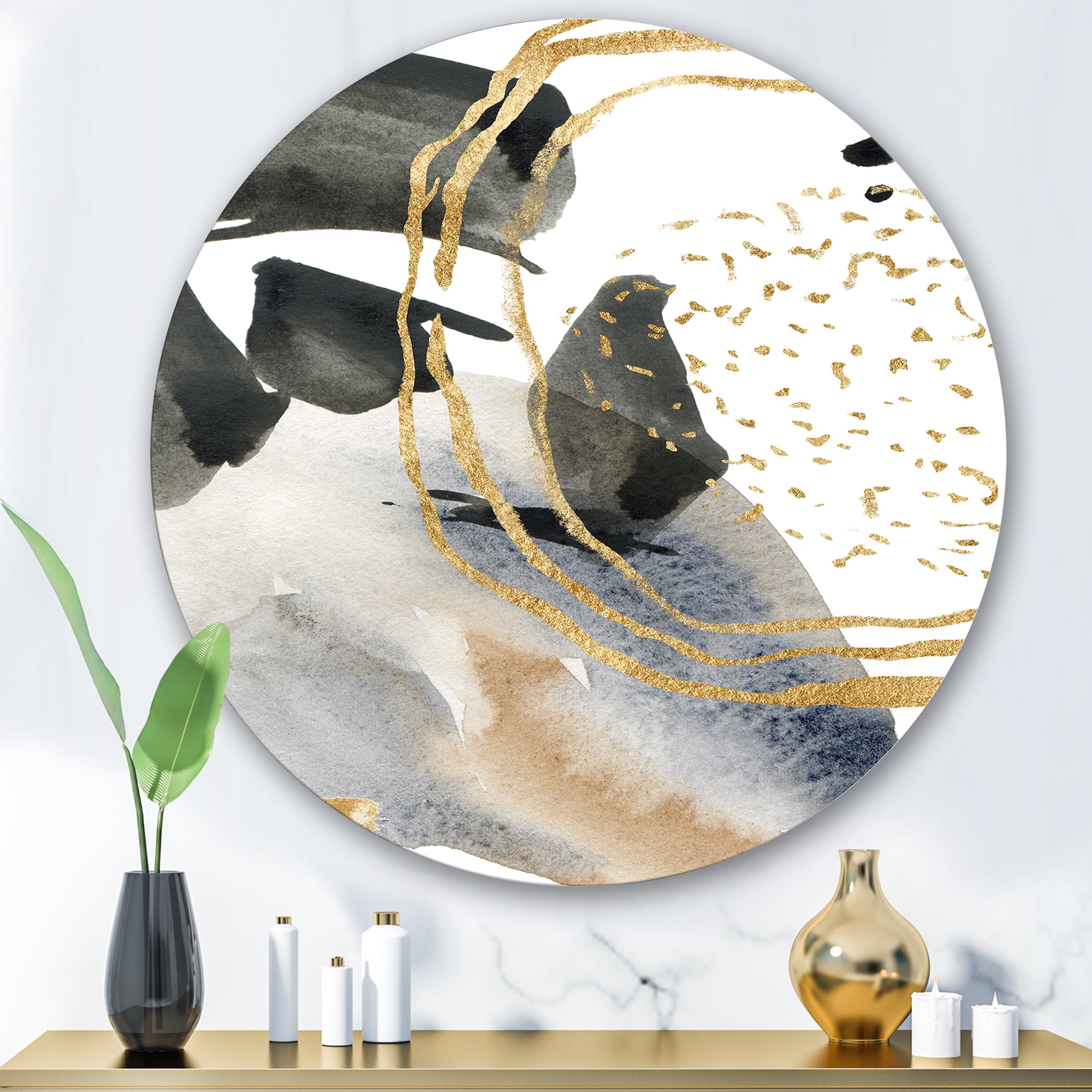 Designart 'Pastel Abstract With Black Blue Beige and Gold Spots' Modern Circle Metal Wall Art 29x29 - Disc of 29