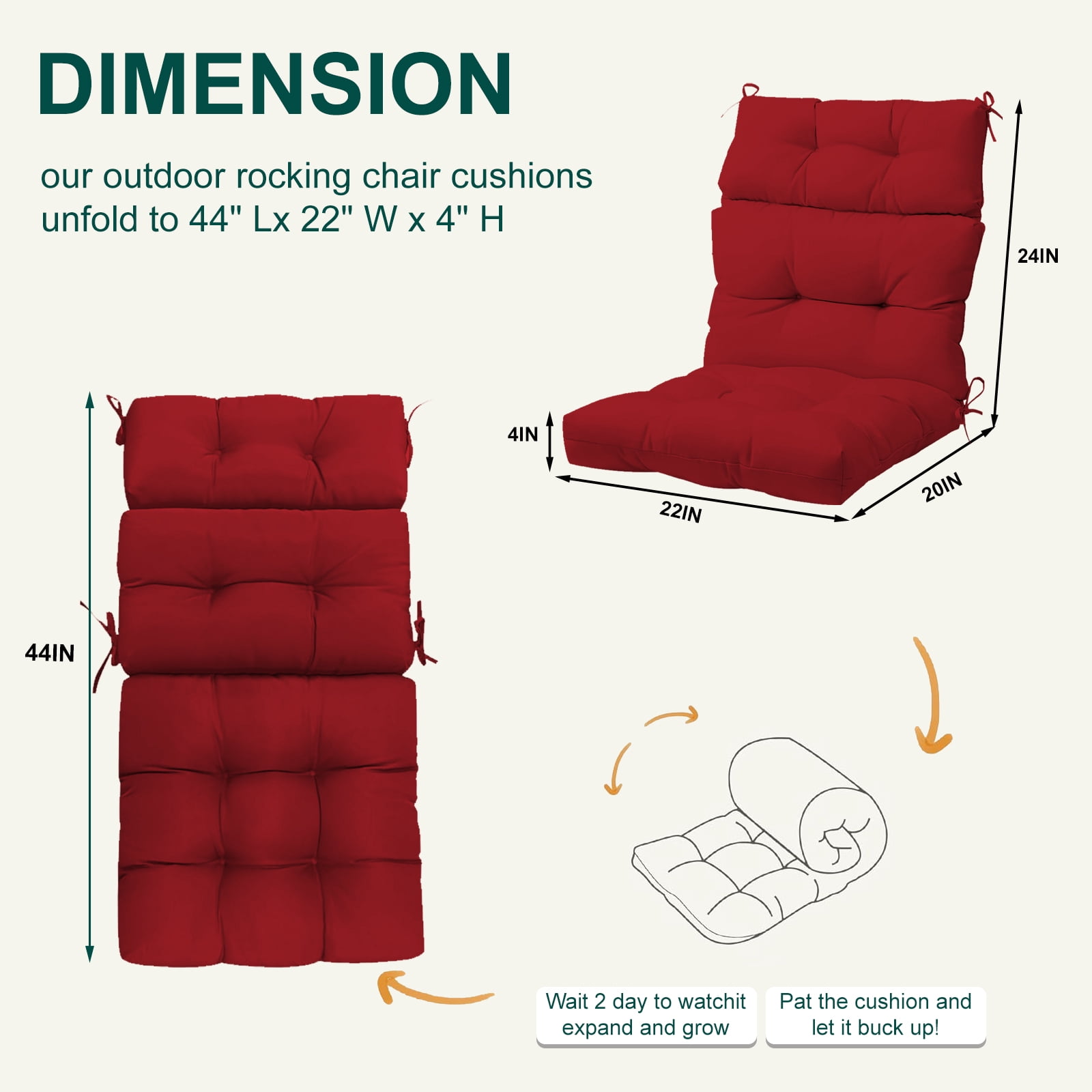 XXLYY Outdoor High Back Chair Cushions 2-Pack, 44”x22”x4” Waterproof Fade-Resistant Cushions with Ties for Adirondack & Rocking Chairs