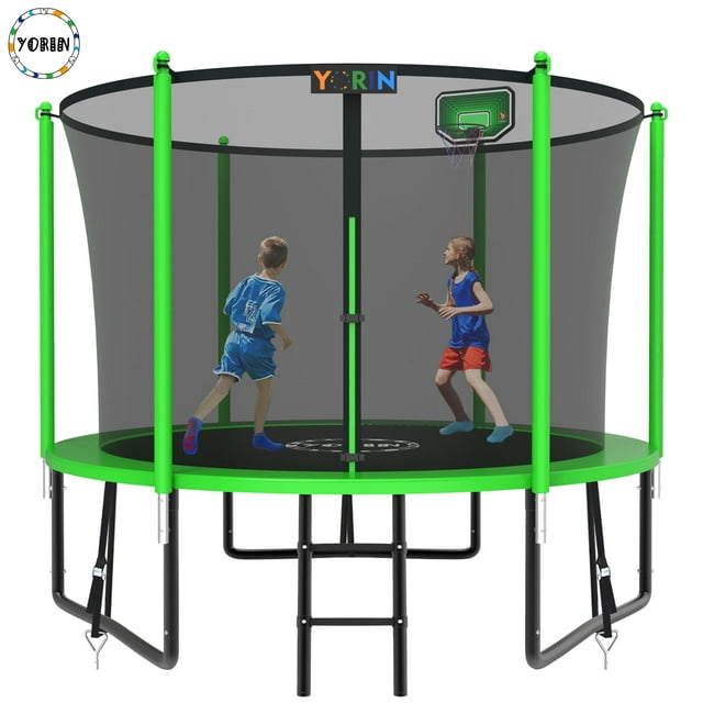 YORIN Trampoline, 10FT Trampoline for 3-4 Kids Adults with Enclosure Net, 1000LBS Outdoor Trampoline with Basketball Hoop, Ladder, Galvanized Anti-Rust Coating Heavy Duty Round Trampoline
