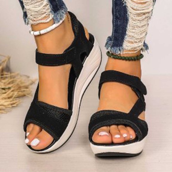 Wavsuf Platform Sandals for Women Casual Summer Patchwork Wide Black Sandals Shoes Size 6