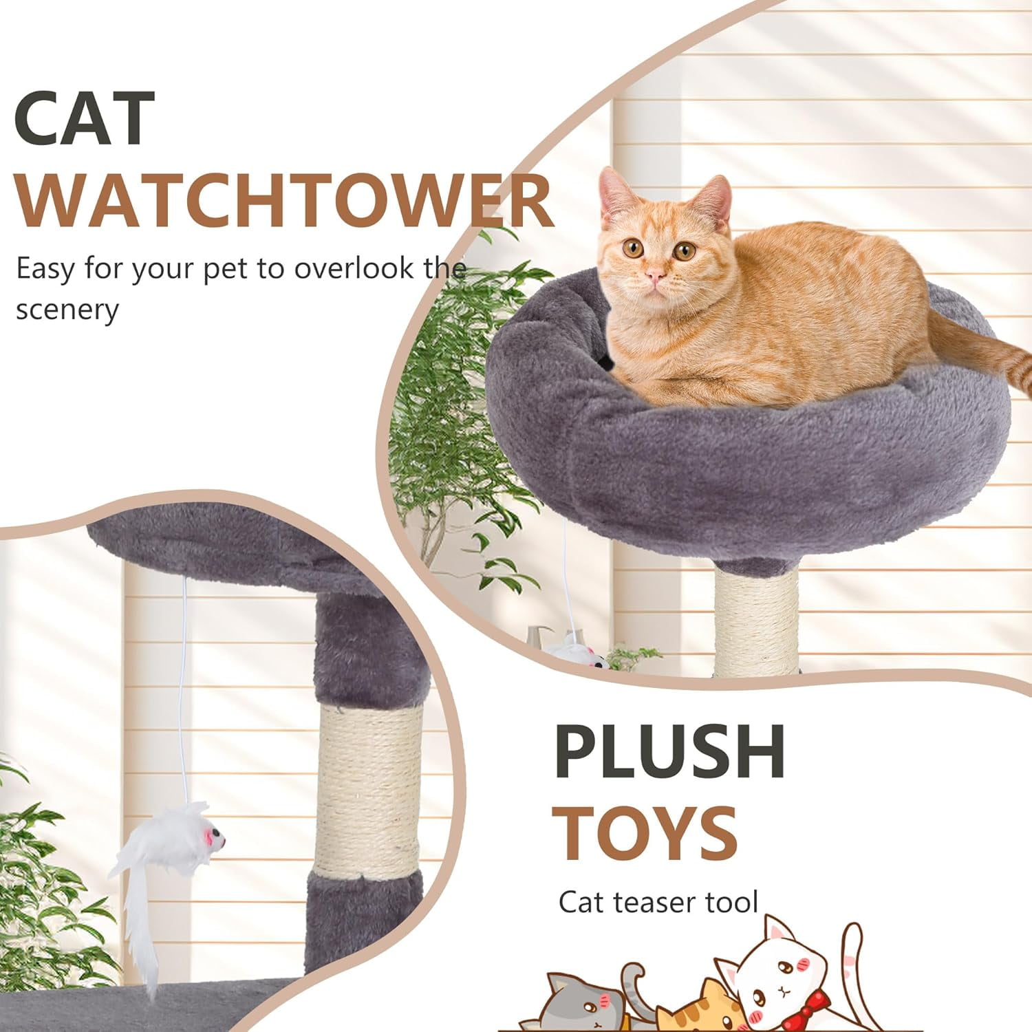 FDW Cat Tree 37 Inch Tall Cat Tower Kitten with Scratching Posts and Perches Indoor Activity Center for Cats (Light Grey)