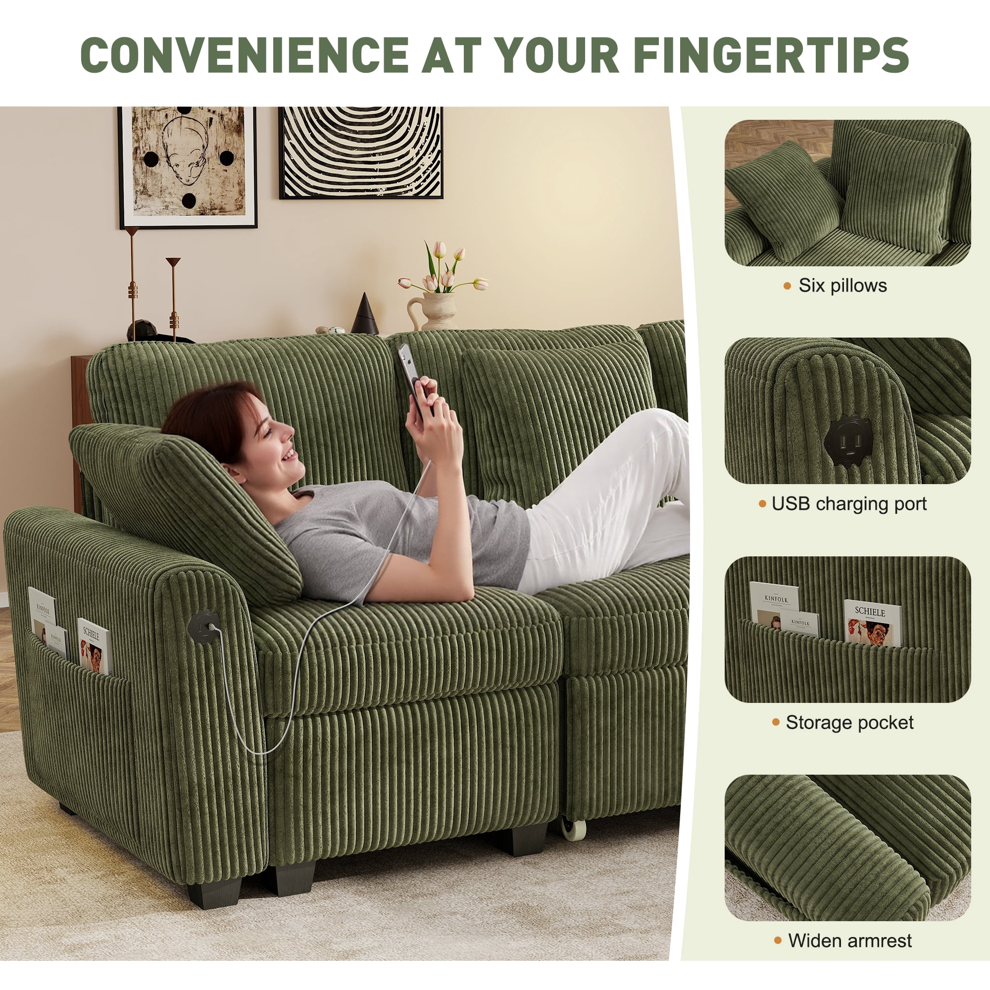 BedLuxury 110" Sectional Sleeper Sofa with Pull Out Bed, Storage Seat & USB Charging, U Shaped Modern Couch for Living Room, Corduroy Green
