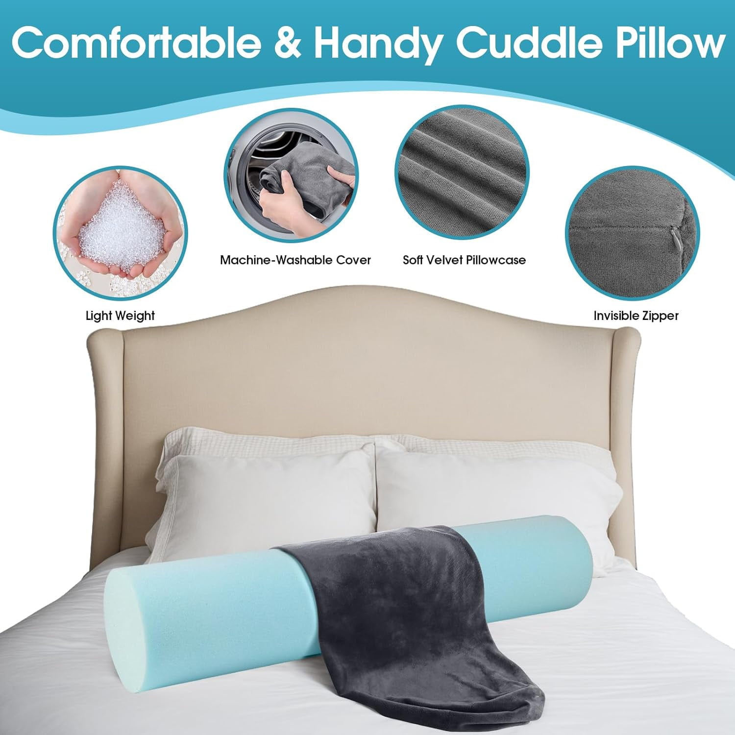 Memory Foam Body Pillow for Bed, Long & Big Full Body Pillows for Adults, Multifunctional Bolster Pillows with Removable & Washable Velvet Cover, Cylindrical Side Pillow (35.43"*7.9")