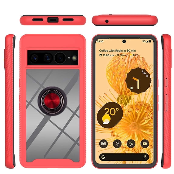 SaniMore Case for Google Pixel 7 Pro 6.7" 2022 Release, Rugged PC Backplane Shockproof TPU Bumper 360° Rotatng Ring/Kickstand Anti-drop Heavy Duty Protective Case For Google Pixel 7 Pro, Red