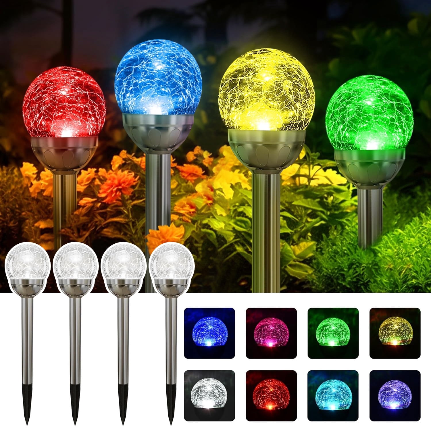 TiokMc 4 Pack Solar Garden Lights Outdoor, Color-Changing Crackle Glass Globe Lights, IP65 Waterproof LED Pathway Lighting with Auto On/Off, for Lawn Patio Yard Decor