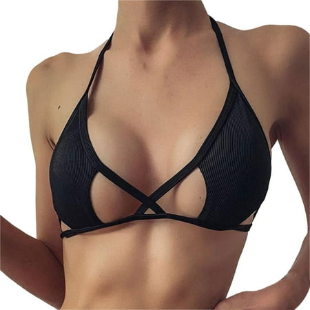 (2-Pack) Puawkoer Solid Color Triangle Cup Sheer Bikini Swimsuit Top Large Halter Bikini Top Chest Gathered Backless Swimsuit Plus Size Bikini Top Strapsy Swimsuit