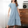 thumbnail image 4 of Girls Cotton-Linen Dresses 4-14 Years Short Sleeve Crewneck High Waisted Teens Juniors Lightweight Solid Color Layered Breathable Midi Dress, 4 of 7