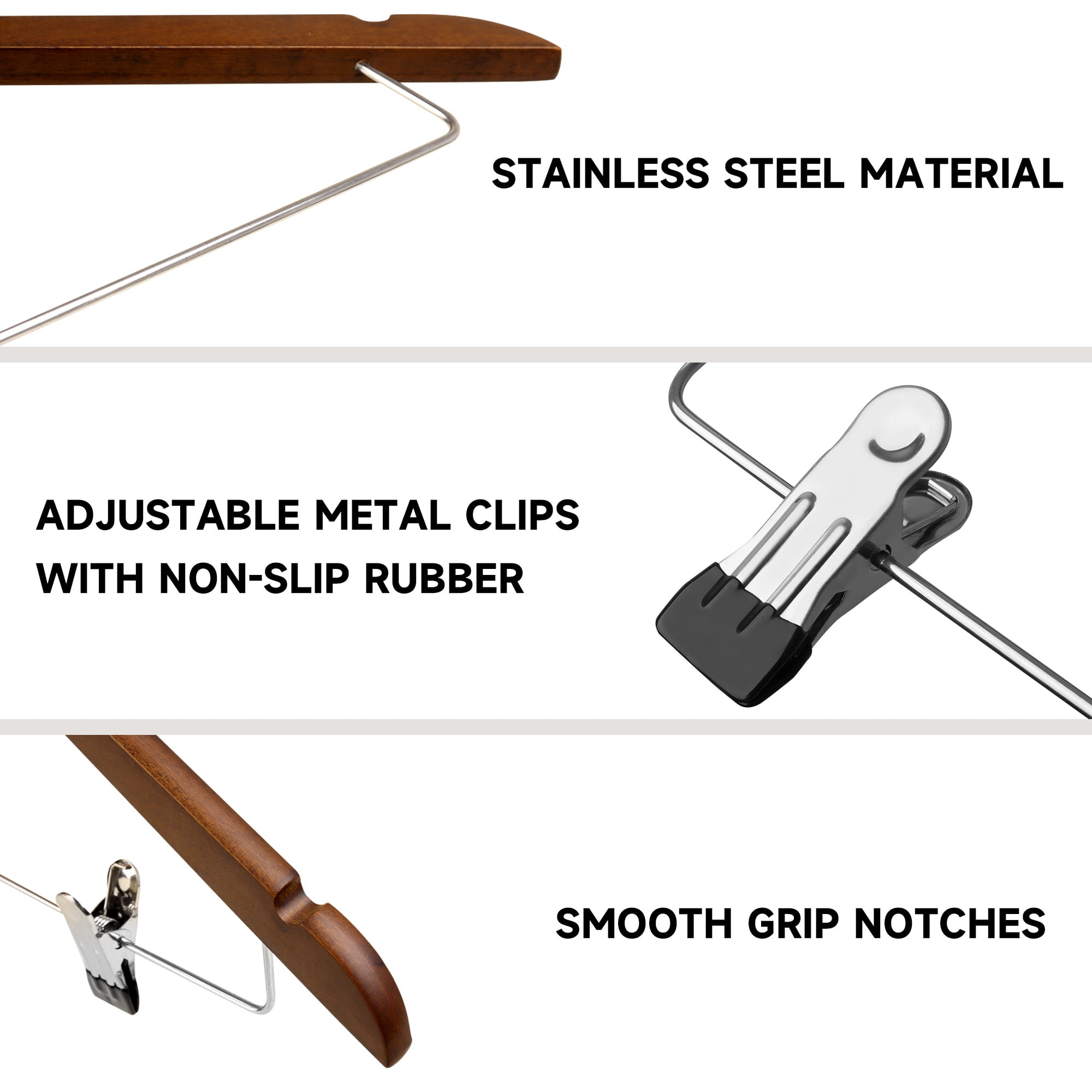 BP4U 12-Pack Wooden Hangers with Adjustable Metal Clips, Solid Wood Suit Hangers for Skirt, Dress, Coats, Jacket and Pants