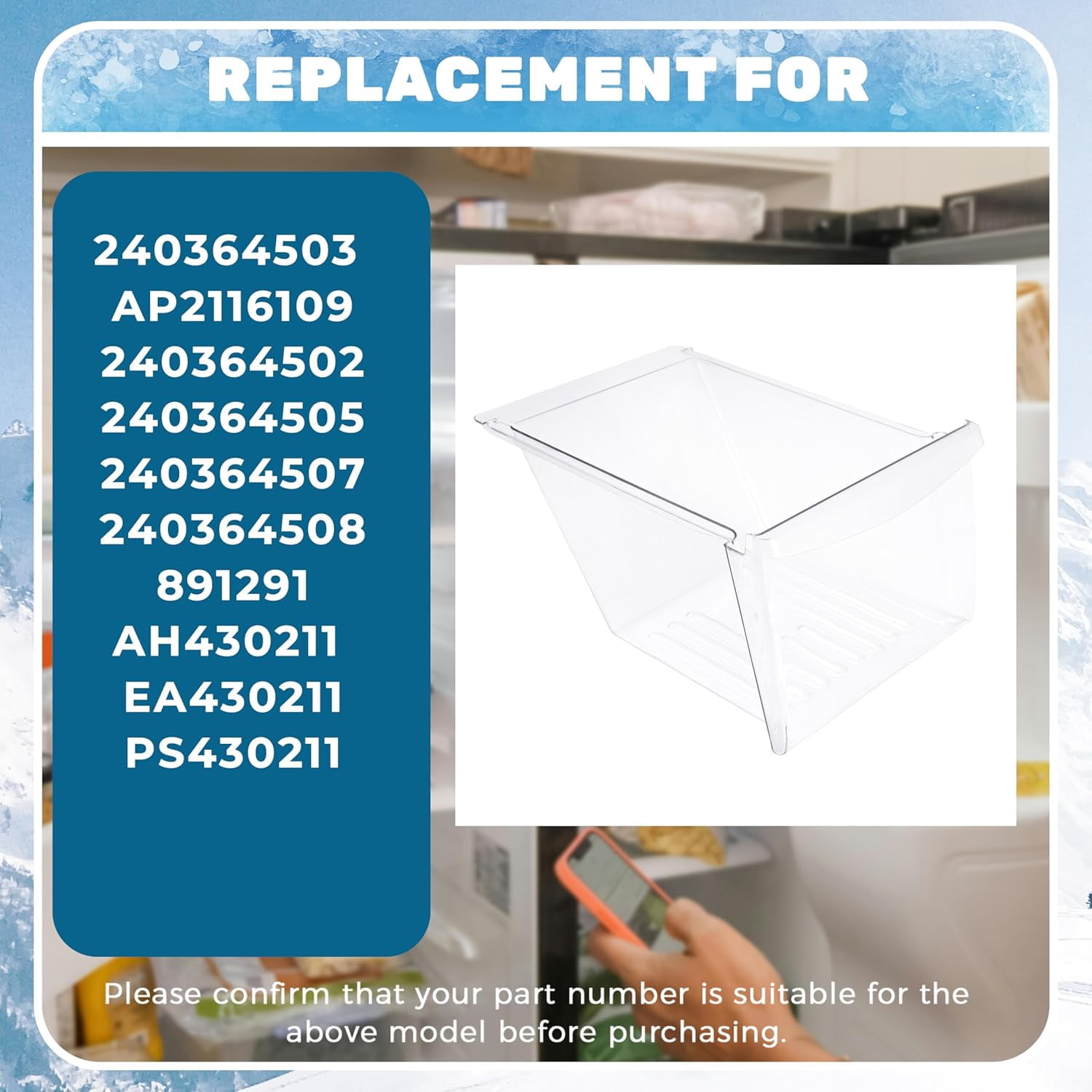 240364503 Crisper Drawer Compatible with Frigidaire Refrigerator Freezer 240364502 240364505 240364507 Meat Pan Crisper Bin Plastic (PC) Replacement Only Clear