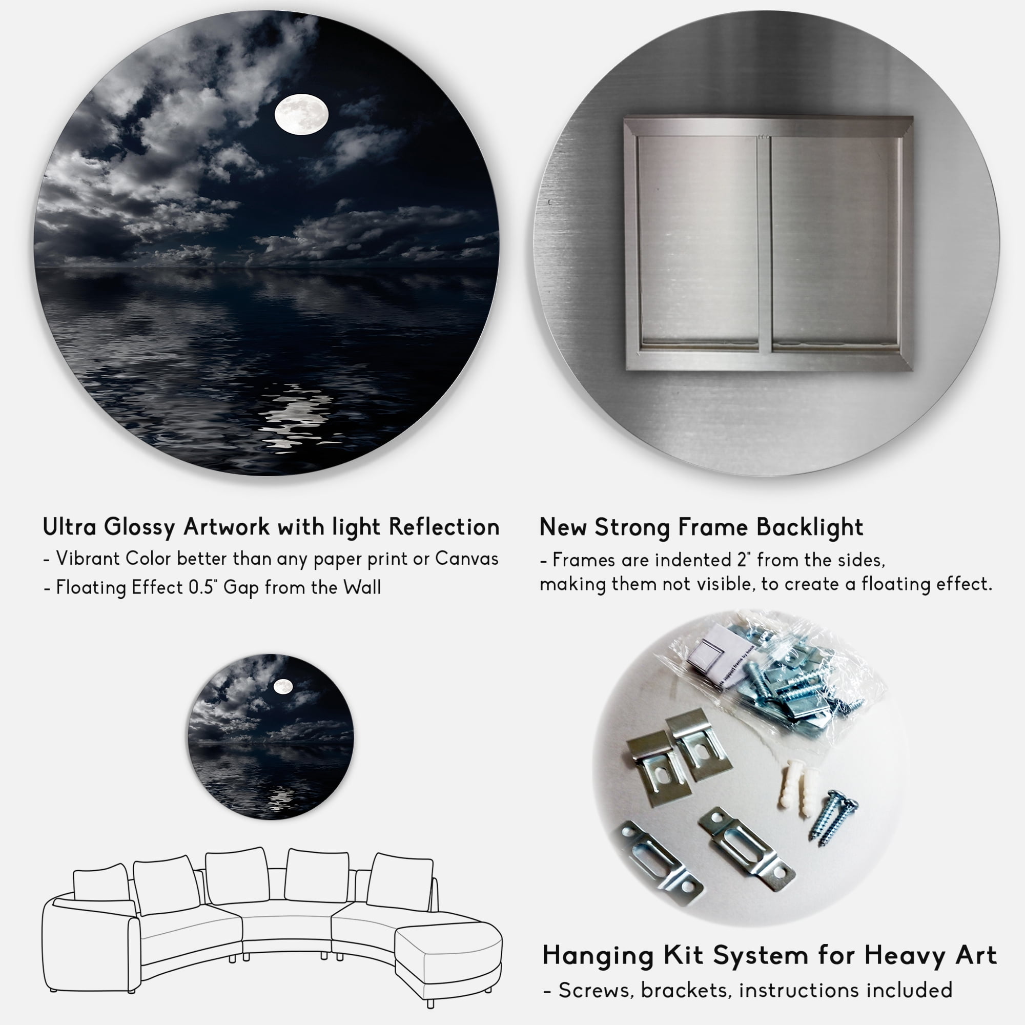 Designart 'Full Moon Night in Cloudy Sky IV' Nautical & Coastal Circle Metal Wall Art 29x29 - Disc of 29
