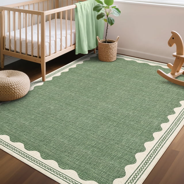 Nanan 5'x7' Scalloped Edge Area Rug, Machine Washable Low-Profile Woven Carpet, Non-Slip Soft Textured Rug for Living Room Bedroom Nursery Home Decor,Grass Green