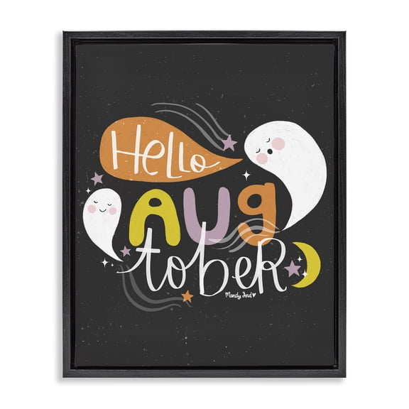 Stupell Industries Hello Augtober with Ghosts Quotes and Sayings Painting Black Floater Framed Canvas Art Print Wall Art, 17 x 21
