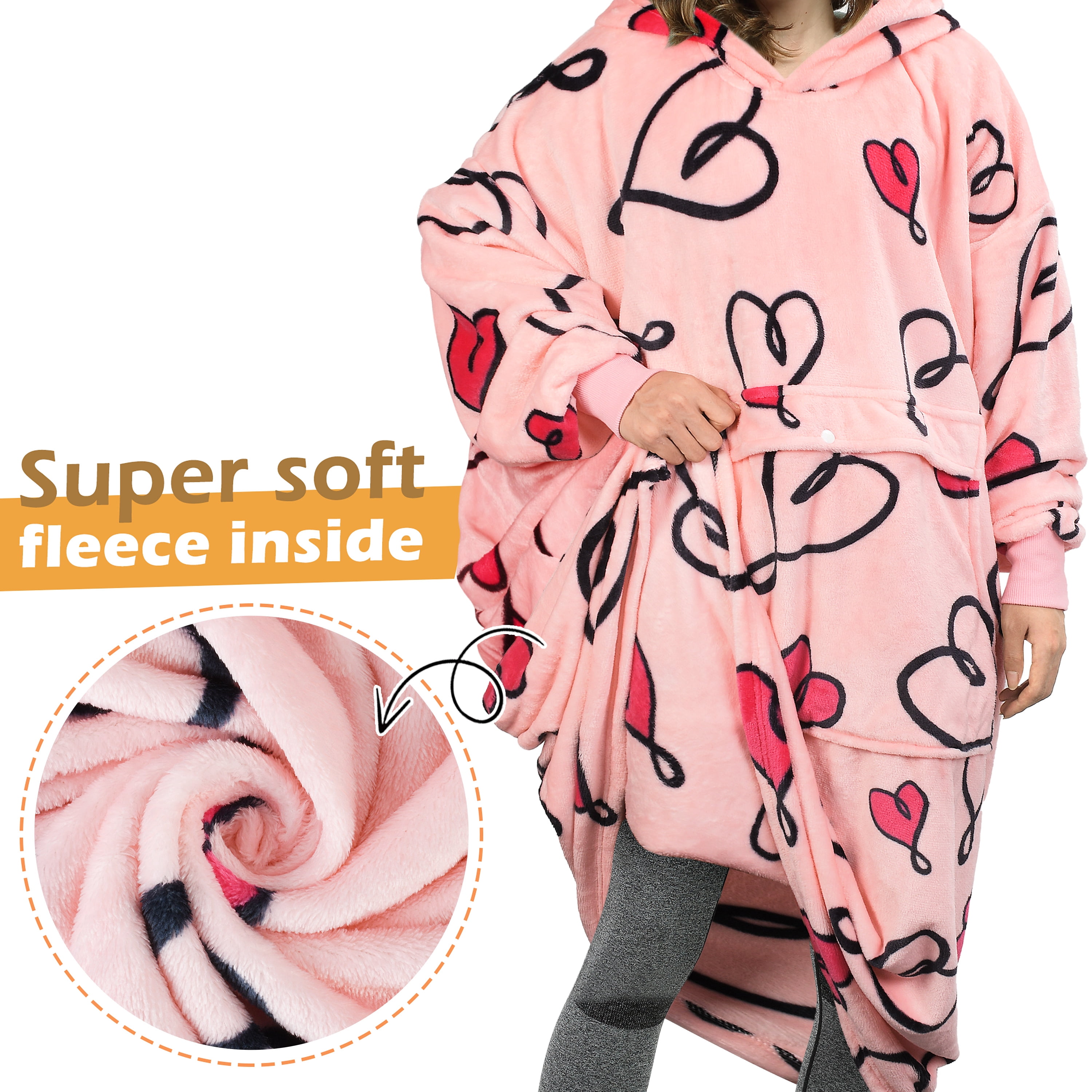 Catalonia Valentine's Day Gift Womens Oversized Flannel Blanket Hoodie Sweatshirt, Plush Fleece Lined Lounging Pullover, Christmas Gift for Women (LOVEART Pink)