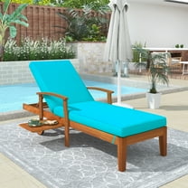 Seizeen 78.8" Solid Wood Outdoor Chaise Lounge, Patio Lounge Chair Reclining Daybed with Cushion, Sun Lounger Wheels & Sliding Cup Table for Backyard, Garden, Poolside, Brown Finish Blue Cushion