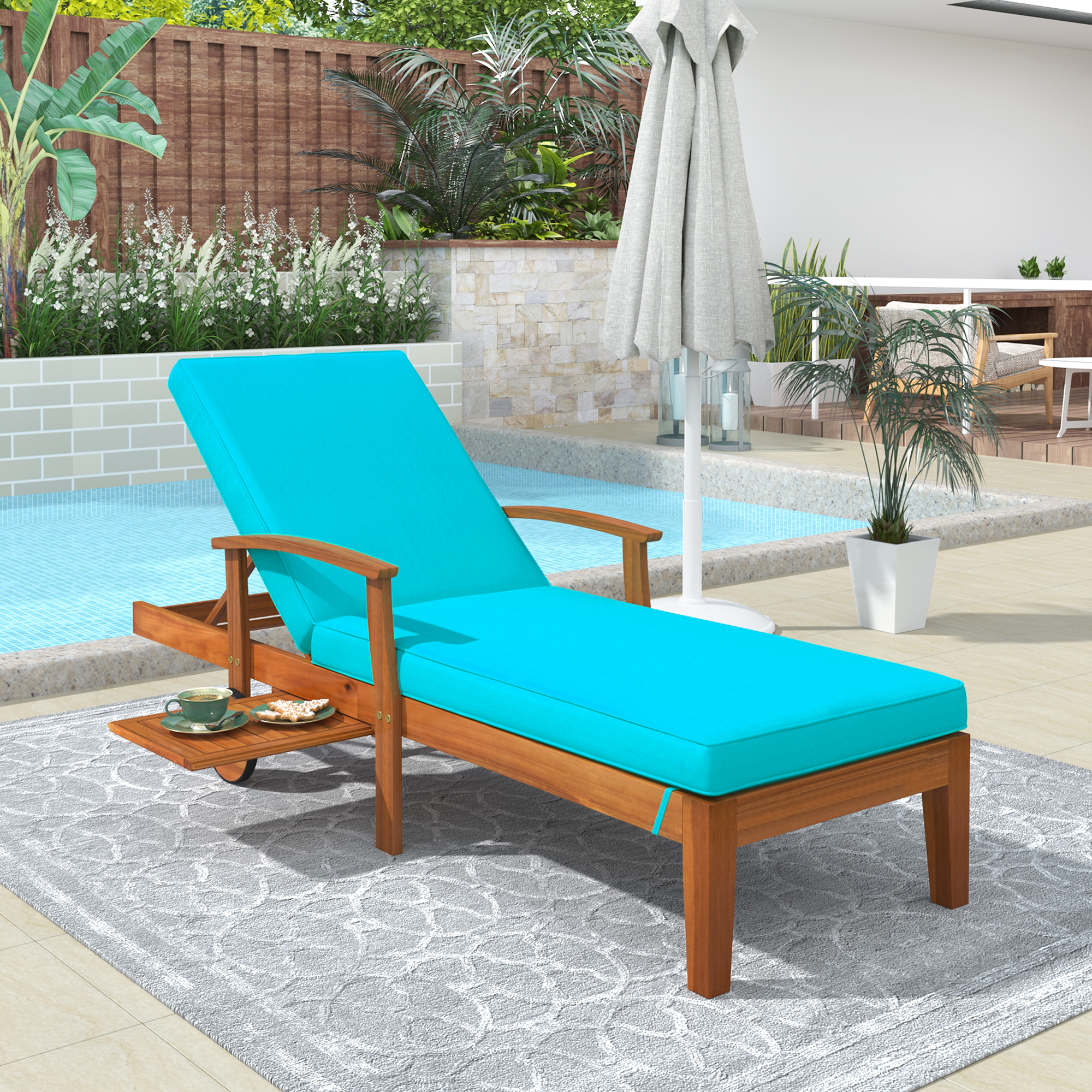 Sesslife Outdoor Solid Wood Chaise Lounge, Patio Brown Finish Reclining Chair Furniture Beach Pool Adjustable Backrest Recliners with Blue Cushion - image 2 of 10