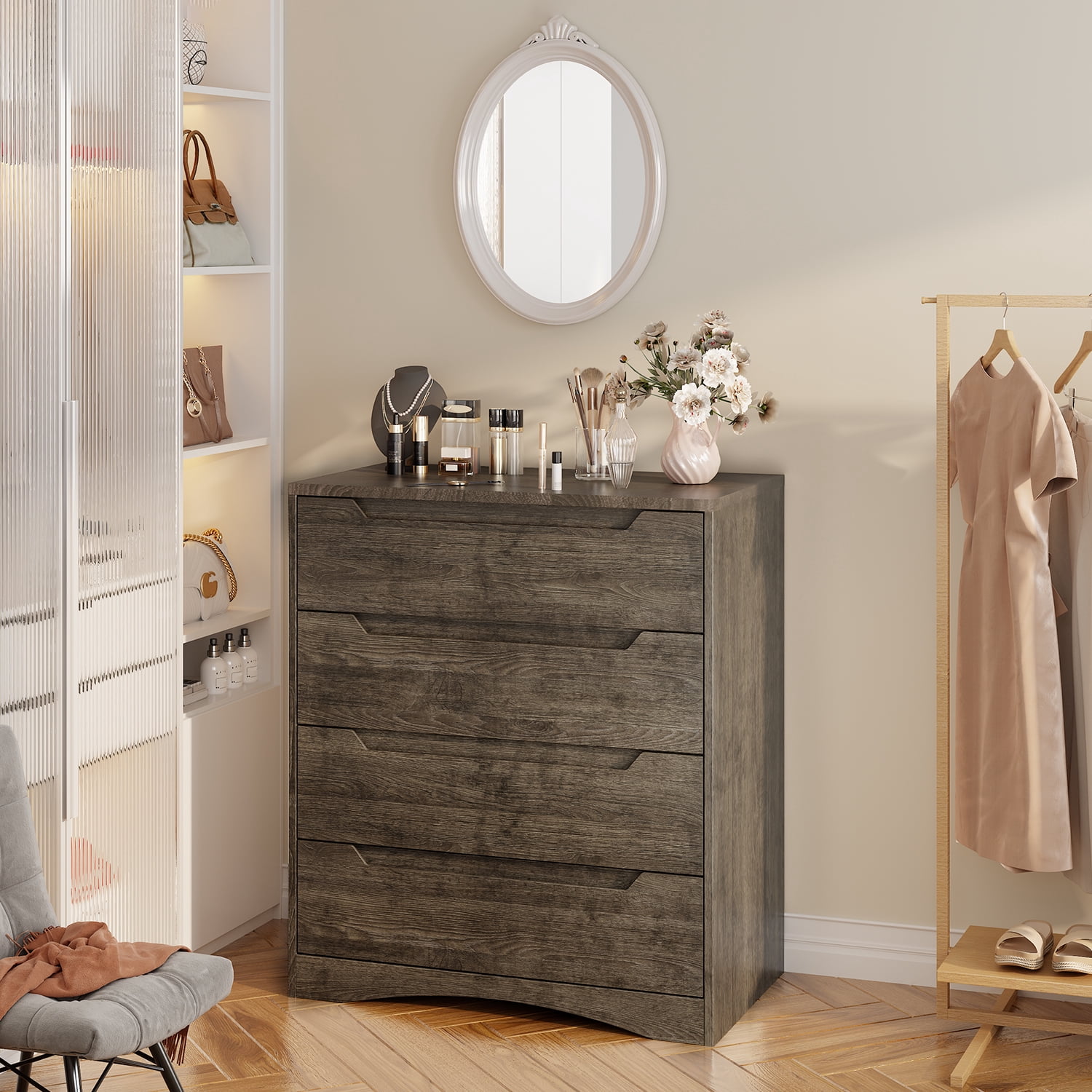 Aiho Dresser with 4 Drawers, Wood Tall Chest, Built-in Handle Drawers for Bedroom, Home, Living Room - Dark Grey