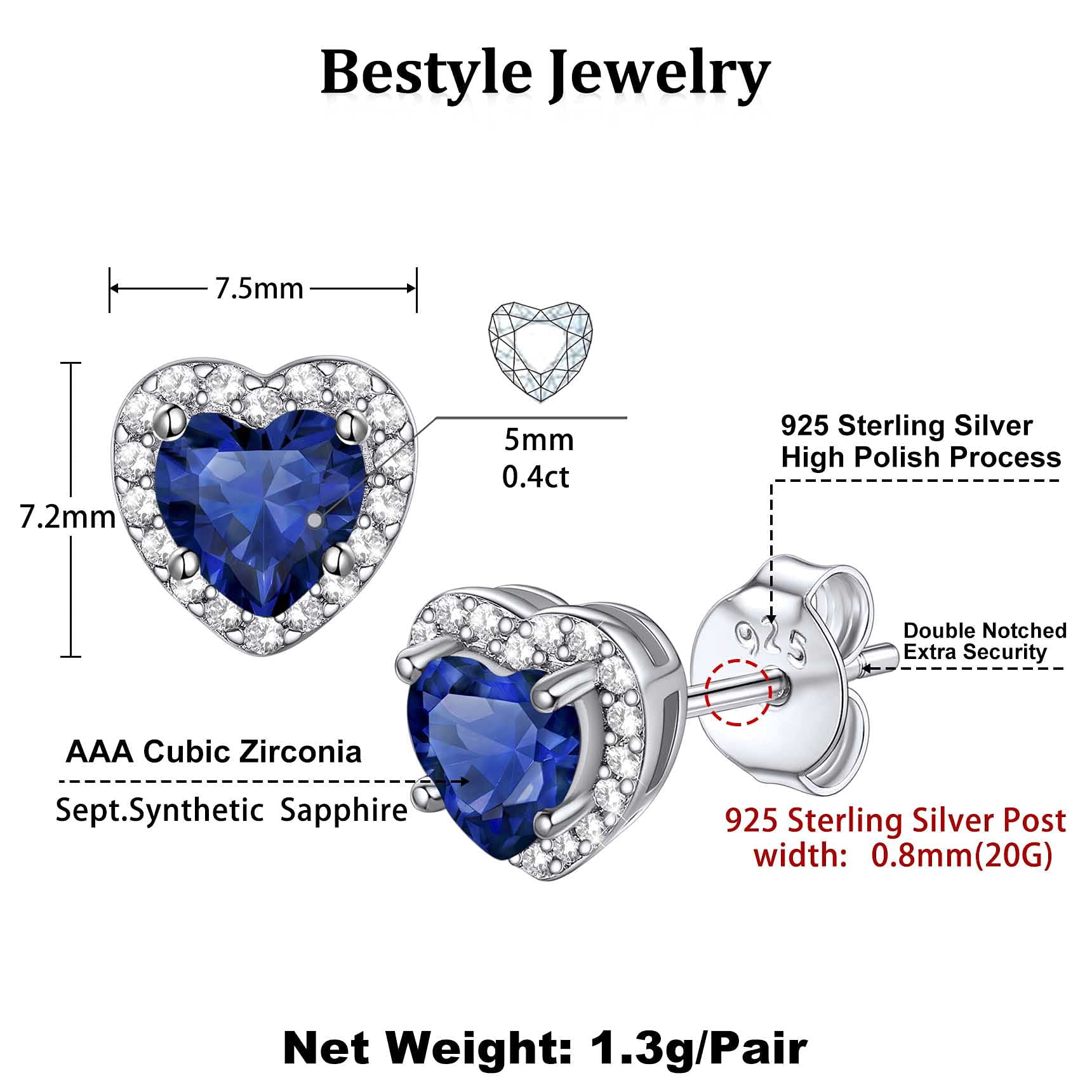 Bestyle Birthstone Stud Earrings for Women, Pure 925 Sterling Silver Heart Created Diamond Studs Earrings Wedding Graduation Birthday Gifts - September