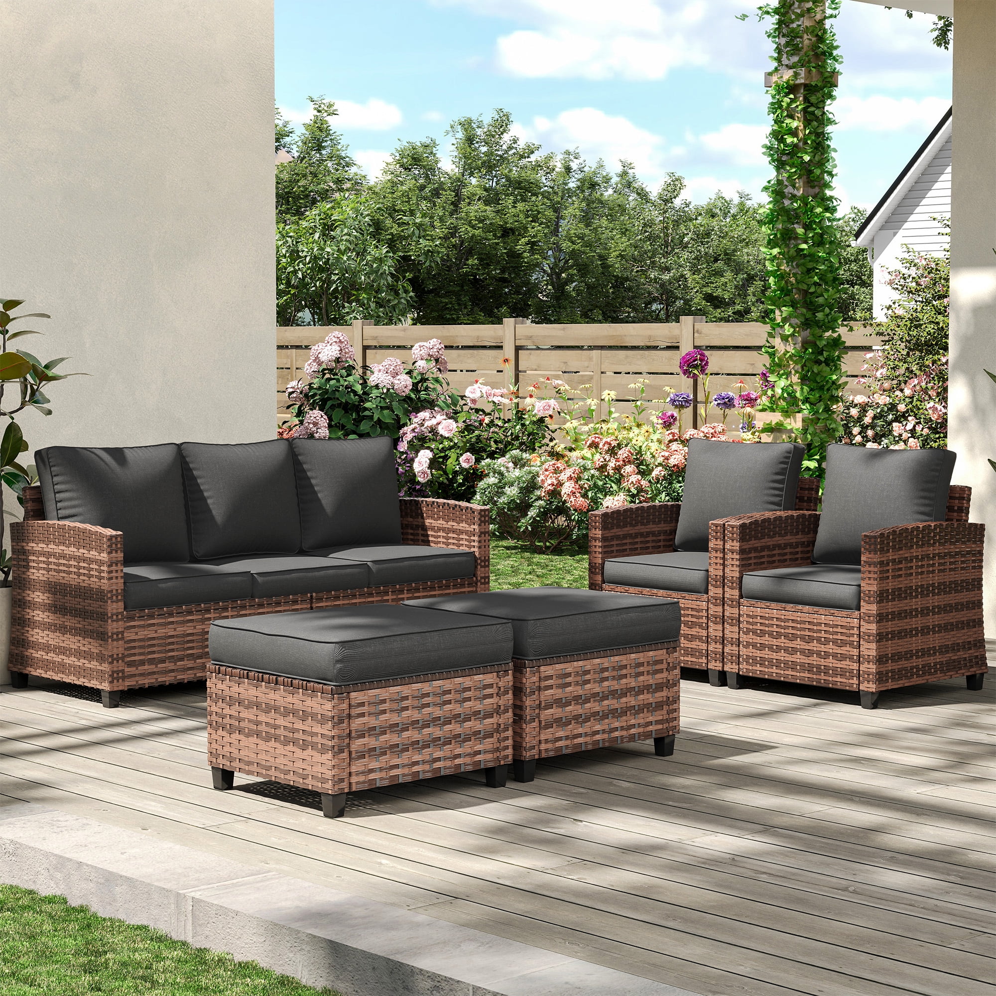 Poteban Patio Conversation Set, 5 Pieces Outdoor Furniture Set, All-Weather Wicker Rattan High Back Outdoor Sectional Sofa Set with Ottoman for Poolside, Backyard, Brown Wicker Dark Grey Cushions