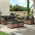 thumbnail image 5 of Poteban Patio Conversation Set, 5 Pieces Outdoor Furniture Set, All-Weather Wicker Rattan High Back Outdoor Sectional Sofa Set with Ottoman for Poolside, Backyard, Brown Wicker Dark Grey Cushions, 5 of 9