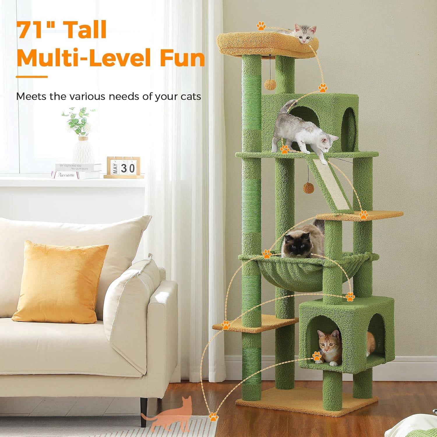 PEQULTI 71'' Large Cat Tree Tower Multi-level Cat Tree with Dual Spacious Condos Indoor Green