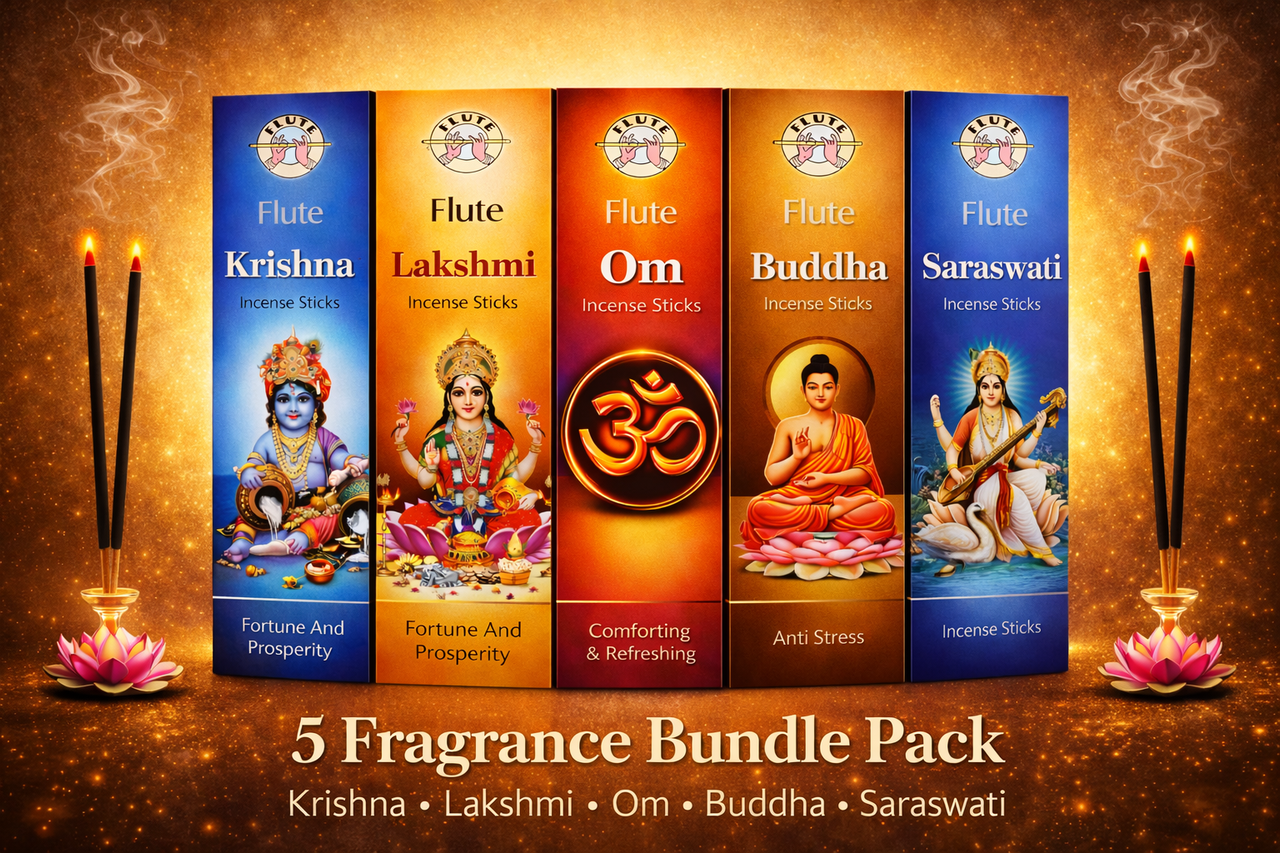 Flute Incense Sticks Variety Pack – Krishna, Lakshmi, Om, Buddha & Saraswati Aromatic Incense – Long Lasting Fragrance for Meditation, Yoga & Home – 5 Pack Bundle