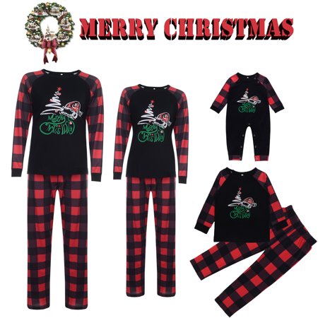 

Christmas Family Matching Pajamas Set Printed Tops+Plaid Pants Holiday Xmas Loungewear Sleepwear Set for Adult Kids Baby