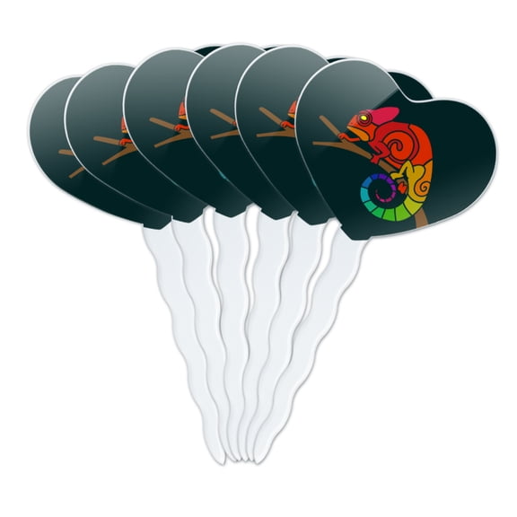 Rainbow Chameleon Heart Love Cupcake Picks Toppers Decoration Set of 6