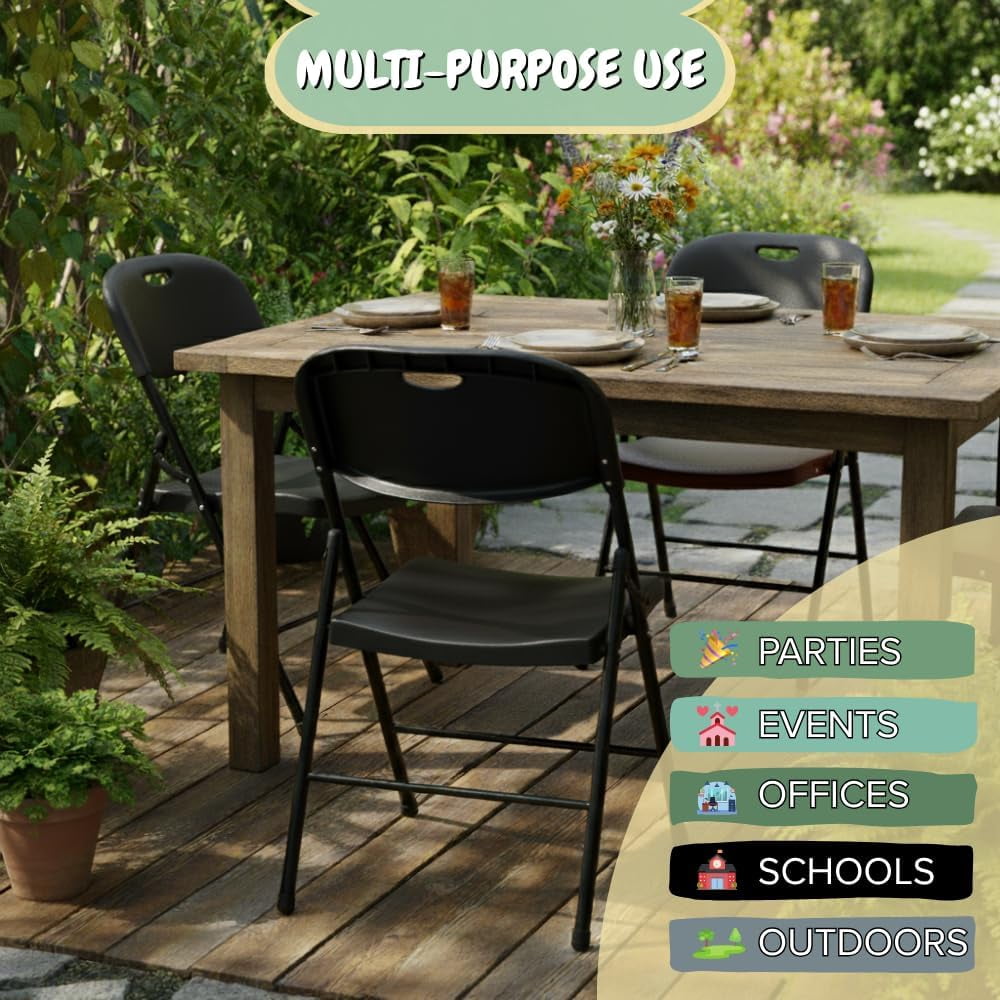 CYCLONE S·O·U·N·D Heavy Duty Plastic Foldable Chair for Adults, Portable Folding Chair for Patio, Backyard, Party, or Wedding — Comfortable Stackable Outdoor Chair, Black (8 Pack)