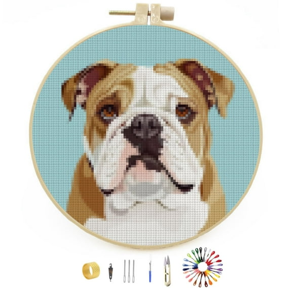 DIY Stamped Cross Stitch Kits English Bulldog Easy for Beginners with Hoop 11CT Counted Embroidery Needlepoint Crafts Arts for Handmade Enthusiasts and Home Decor 30x30cm(3)