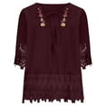 thumbnail image 5 of JUUYY Western Shirts for Women Plus Size Vintage Boho Floral Printed Bow Keyhole V Neck Lace Crochet Patchwork Embroidery Tops Retro Three Quarter Blouse Wine XL, 5 of 7