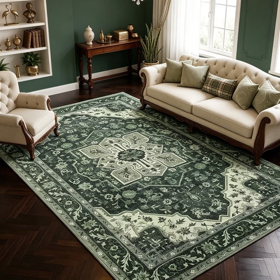 WANLISELL 6'x9' Area Rugs for Living Room, Non-Slip Vintage Soft Washable Rug Low Pile, Non-Shedding Distressed Farmhouse Dining Room Rugs, Dark Green