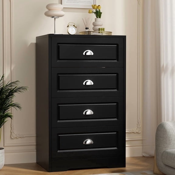 Walsunny 4 Drawer Dresser for Bedroom, Modern Wood Chest of Handle-Drawers, Storage Cabinet Organizer, Wooden Dresser for Bedroom Living Room Closet Entryway, Black
