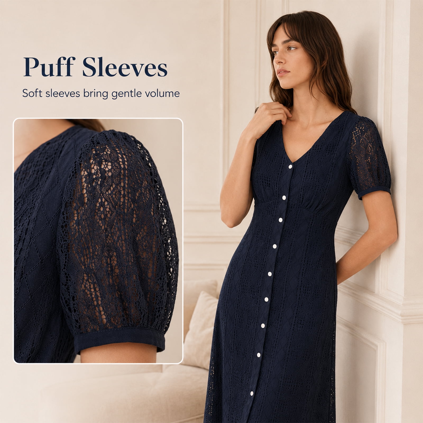 Alvantor Women's Navy Lace Maxi Dress with V-Neck, Short Puff Sleeves and Button Front