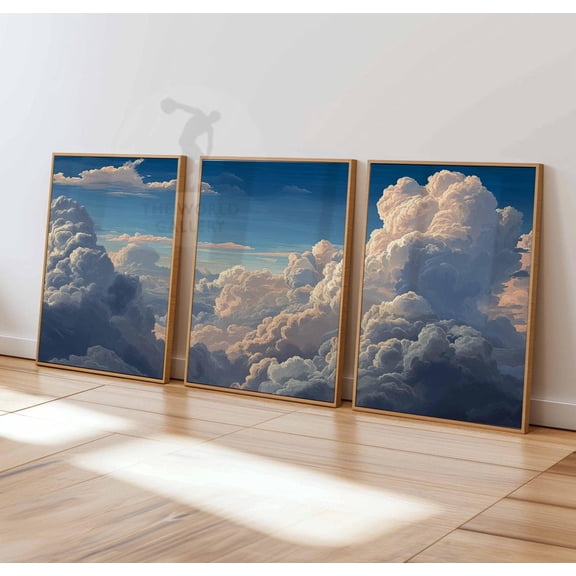 Clouds Bedroom Wall Art White Clouds Beige Sky Vintage Home Decor Version 3 Set 3 Unframed Paper Print 8x12