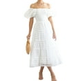 thumbnail image 2 of ZAXARRA Femmes Été Décontracté une Ligne Robe Courte Puff Manches sur l'Épaule Midi Plaid Robe, 2 of 8