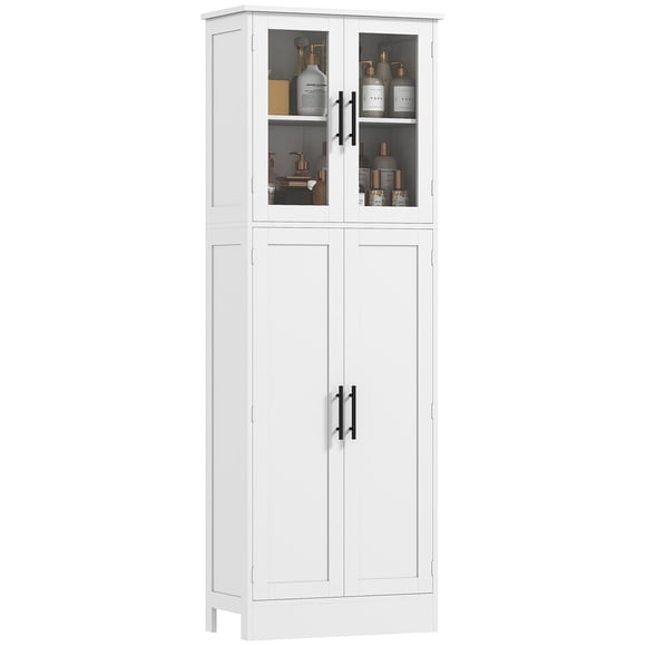 Tall White Bathroom Cabinet with Glass Doors and Adjustable Shelves, Freestanding MDF Storage Unit for Towels and Toiletries, 23.6"W x 11.8"D x 66.9"H, Space-Saving Design