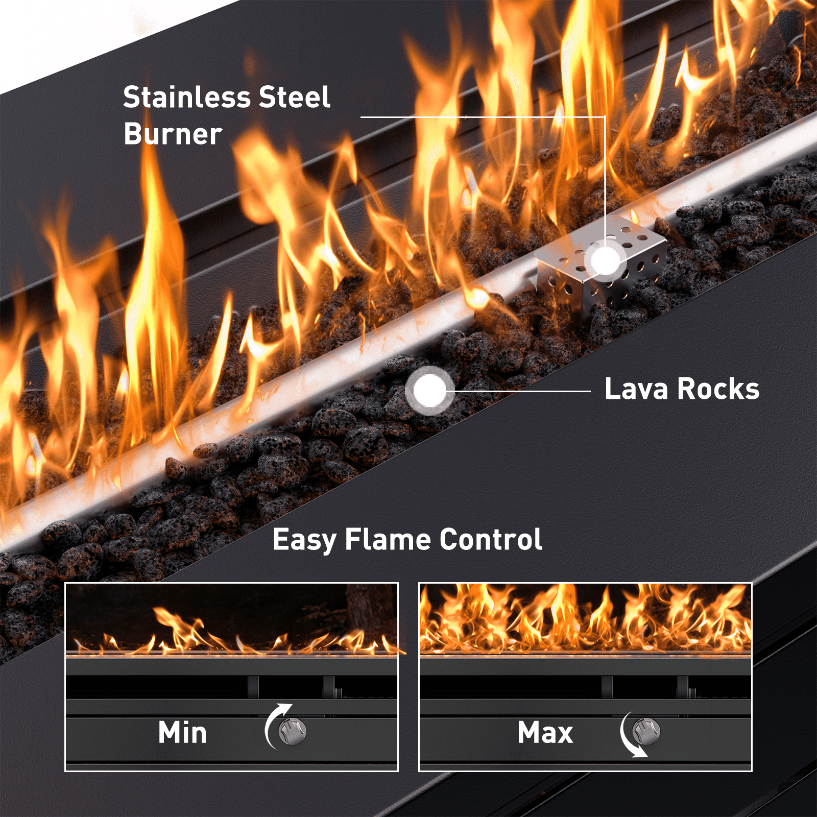 Philergo 43" Rectangular Gas Fire Pit Table, 60,000 BTU Propane Fire Pits for Outside with Lid and Lava Rock