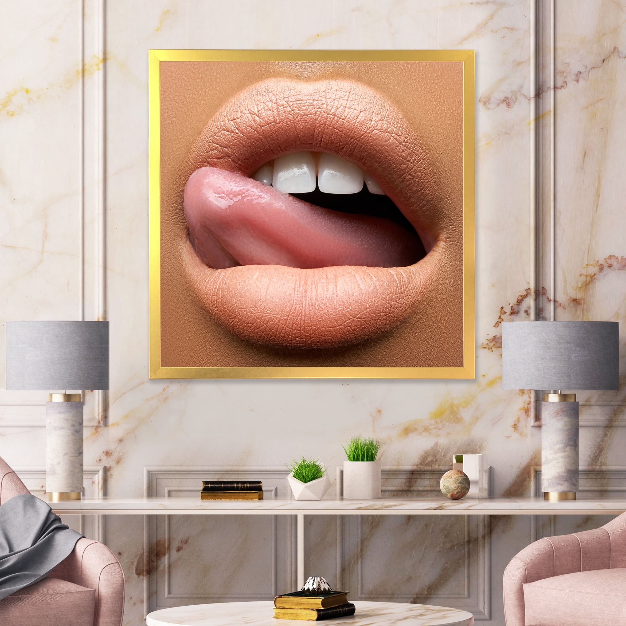 Designart 'Beautiful Dark Skinned Female Tongue Touching Lips' Modern Framed Art Print