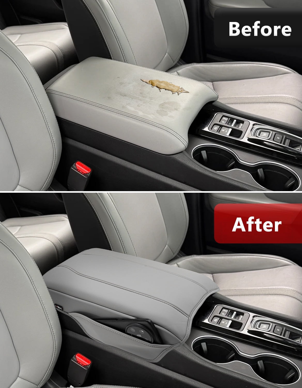 KBH Center Console Cover for 2023-2026 Honda Pilot with Leather Side Pockets, 2024 2025 2026 Honda Ridgeline/Passport Armrest Cover, Middle Console Lid Protector Interior Accessories, Gray