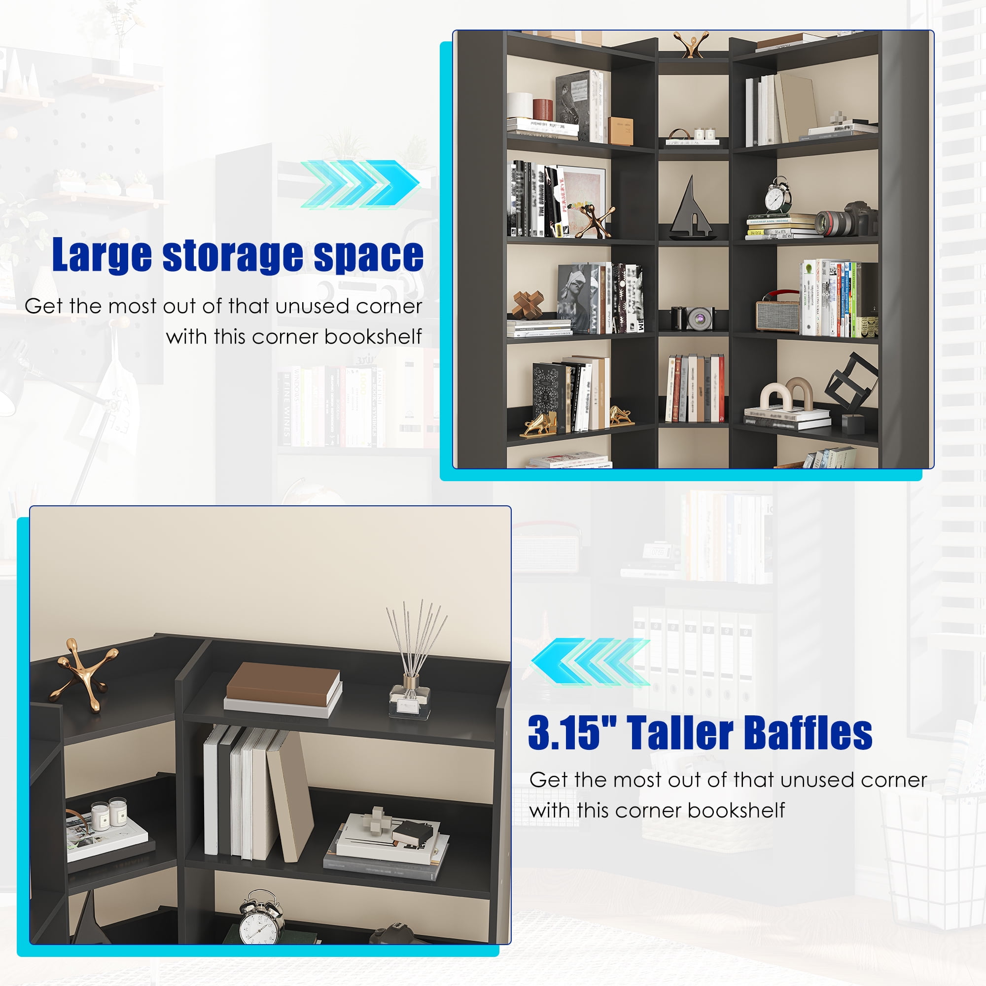 Triple Wide Corner Bookcase with 15 Cube, 6-Tire Bookshelf Display Storage Cabinet, Modern L-Shape Shelf Living Room Furniture for Home Office, Black