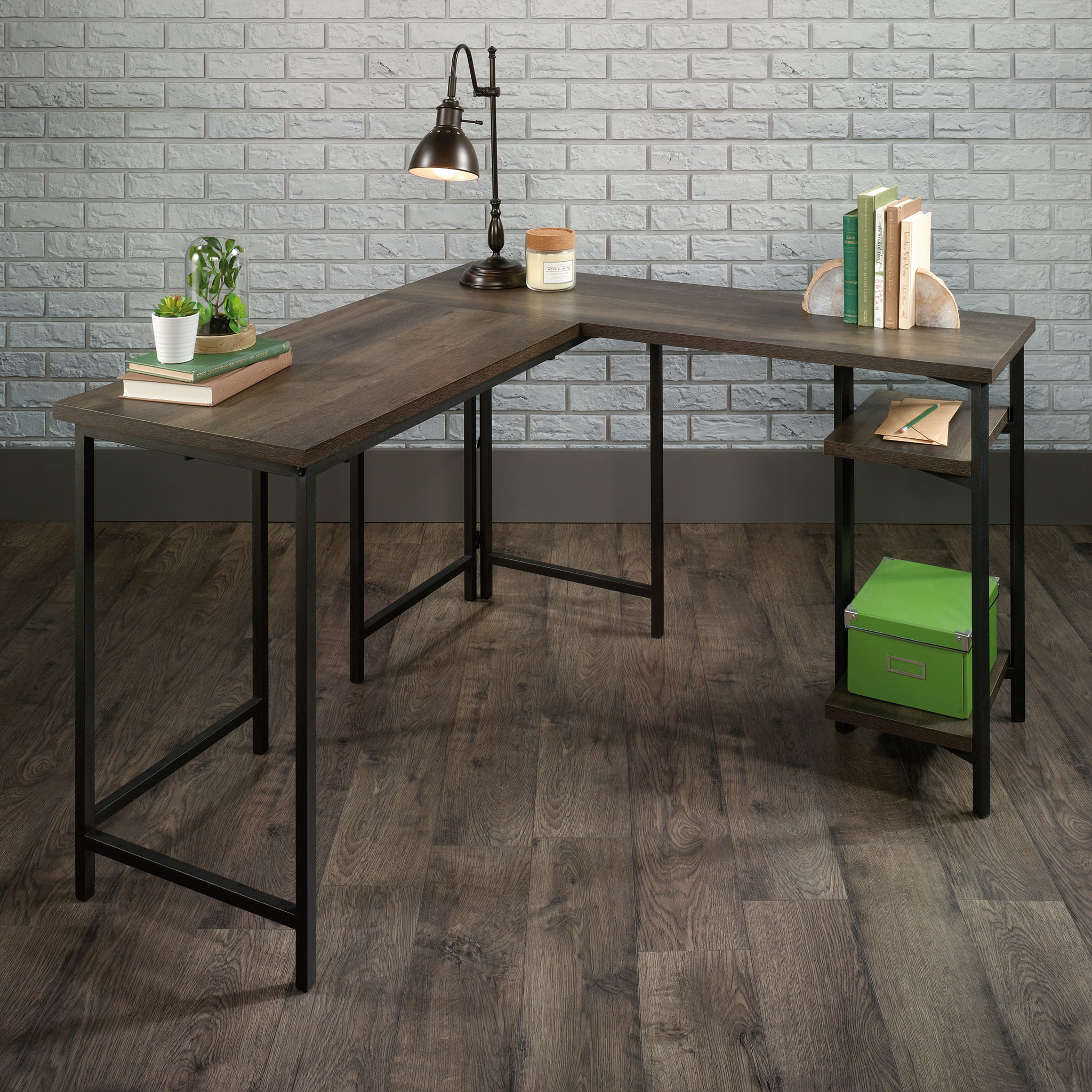 Curiod Open Shelf Wood and Metal L-Shaped Desk, Smoked Oak Finish - 1